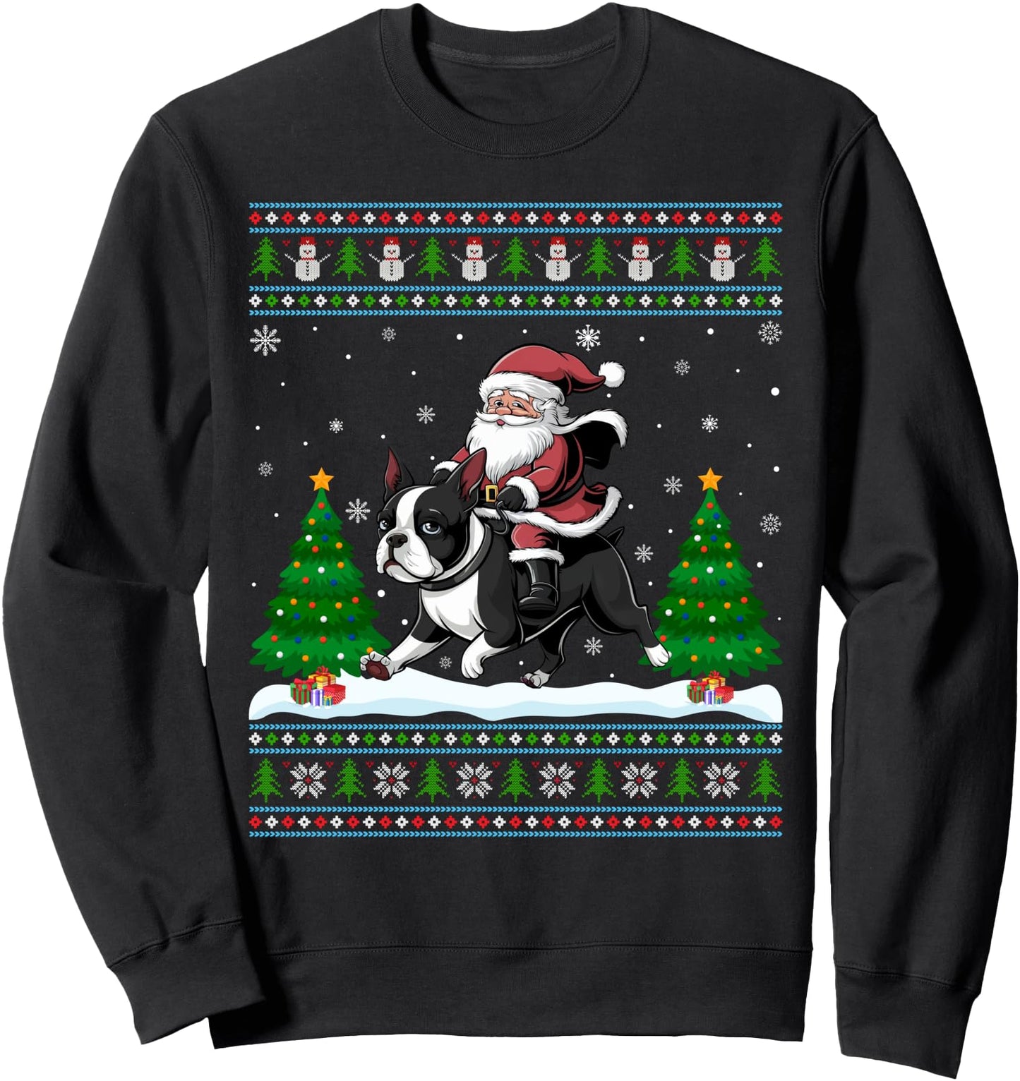 Ugly Xmas Tree Santa Riding Boston Terrier Christmas Sweatshirt