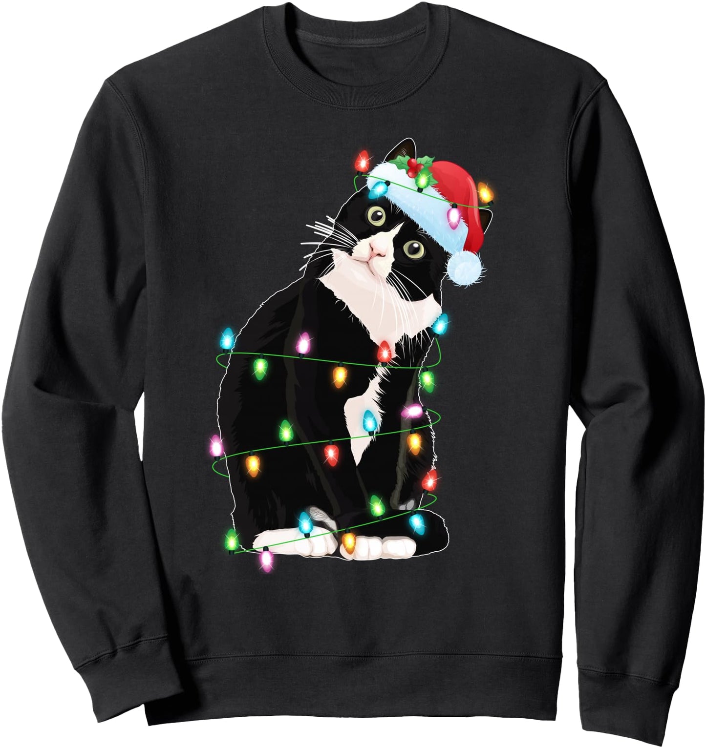 Black Cat Christmas Lights Funny Santa Hat Black Cat Xmas Sweatshirt