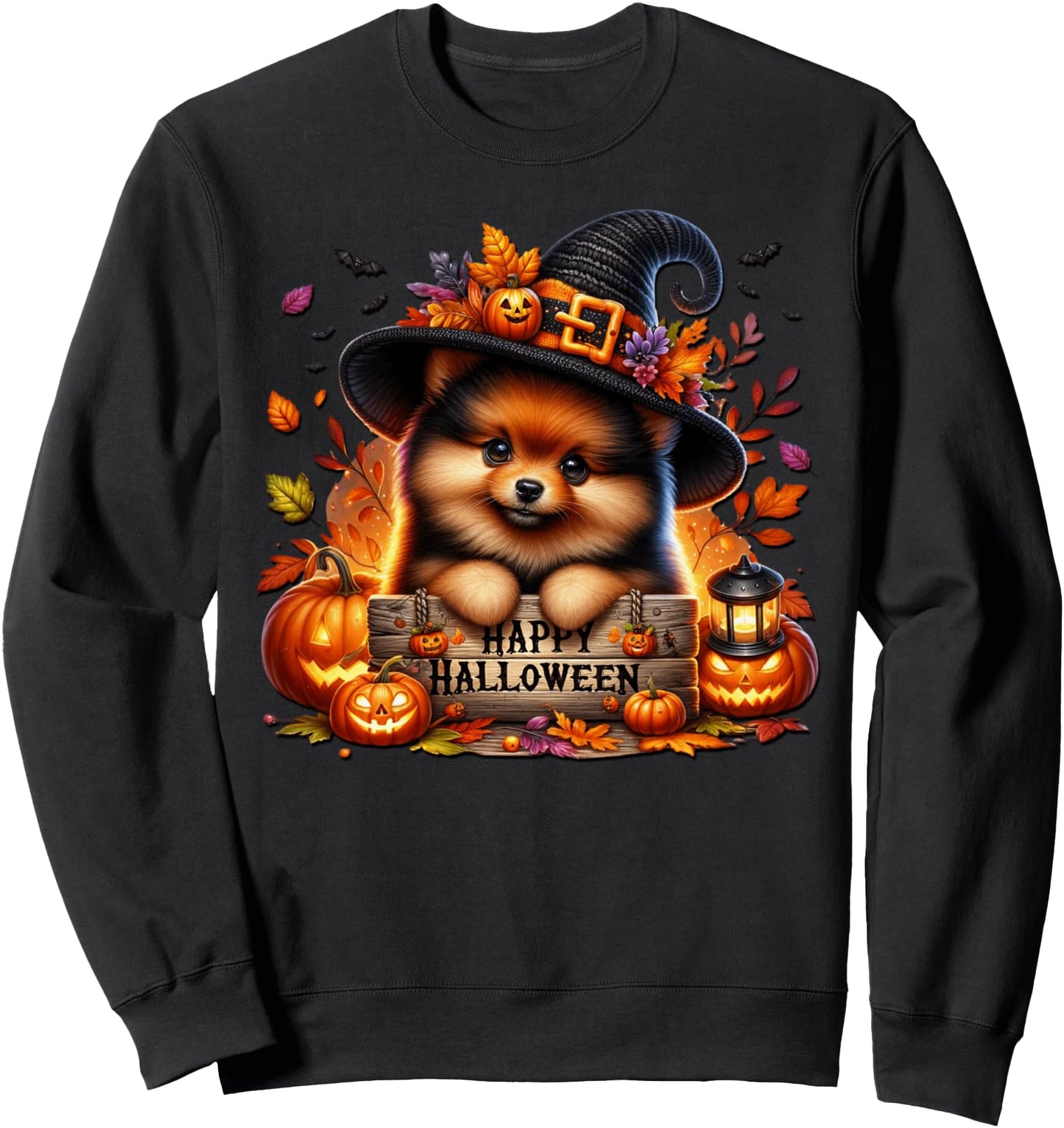 Witchy Pomeranian Puppy In Black Witch Hat Happy Halloween Sweatshirt