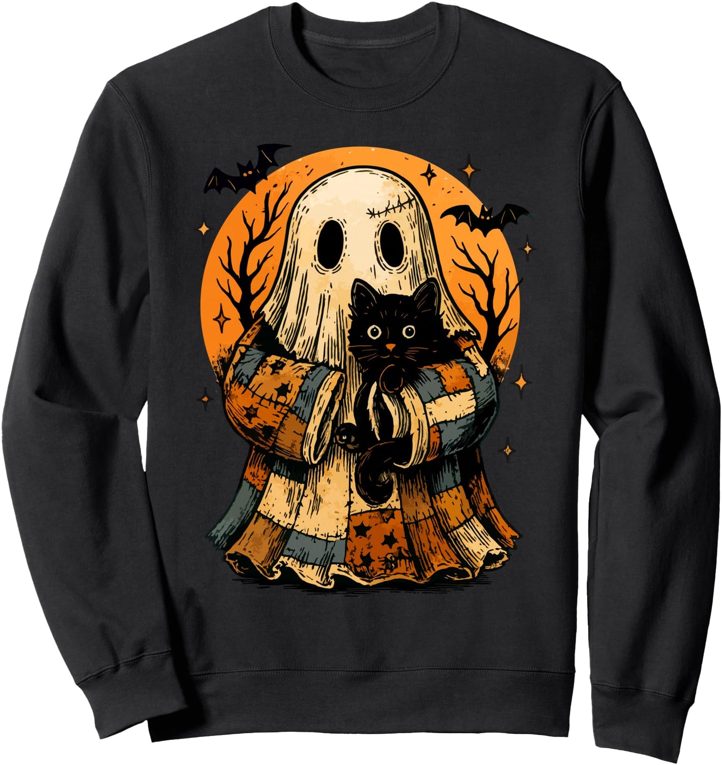 Spooky Retro Patchwork Ghost with Black Cat Halloween Sweatshirt