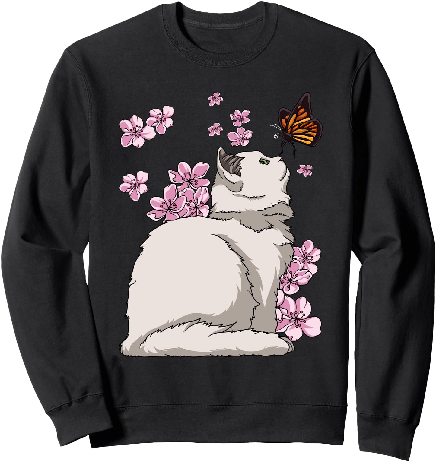 Cat With Butterfly Japanese Sakura Cherry Blossom Sweatshirt
