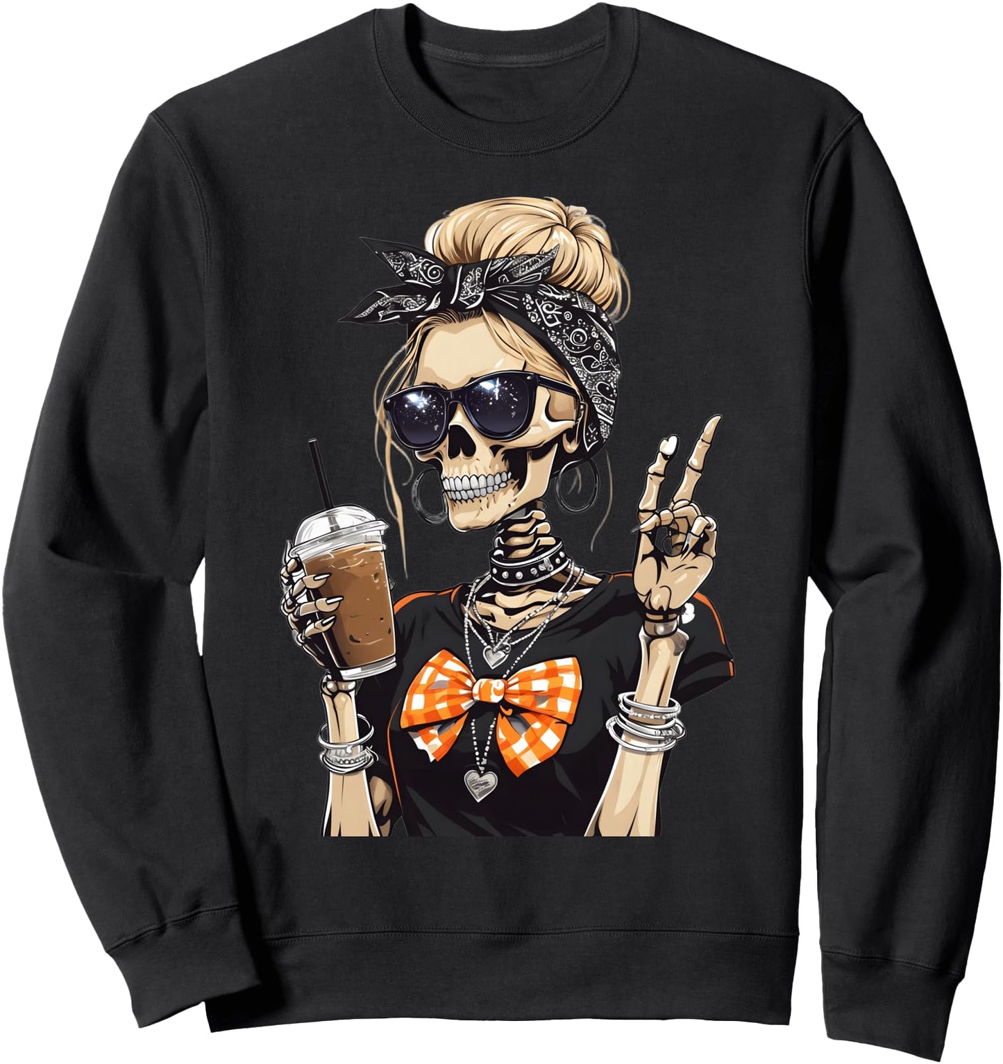 Skeleton Girl Drinking Coffee Peace Sign Graphic for Women Sweatshirt