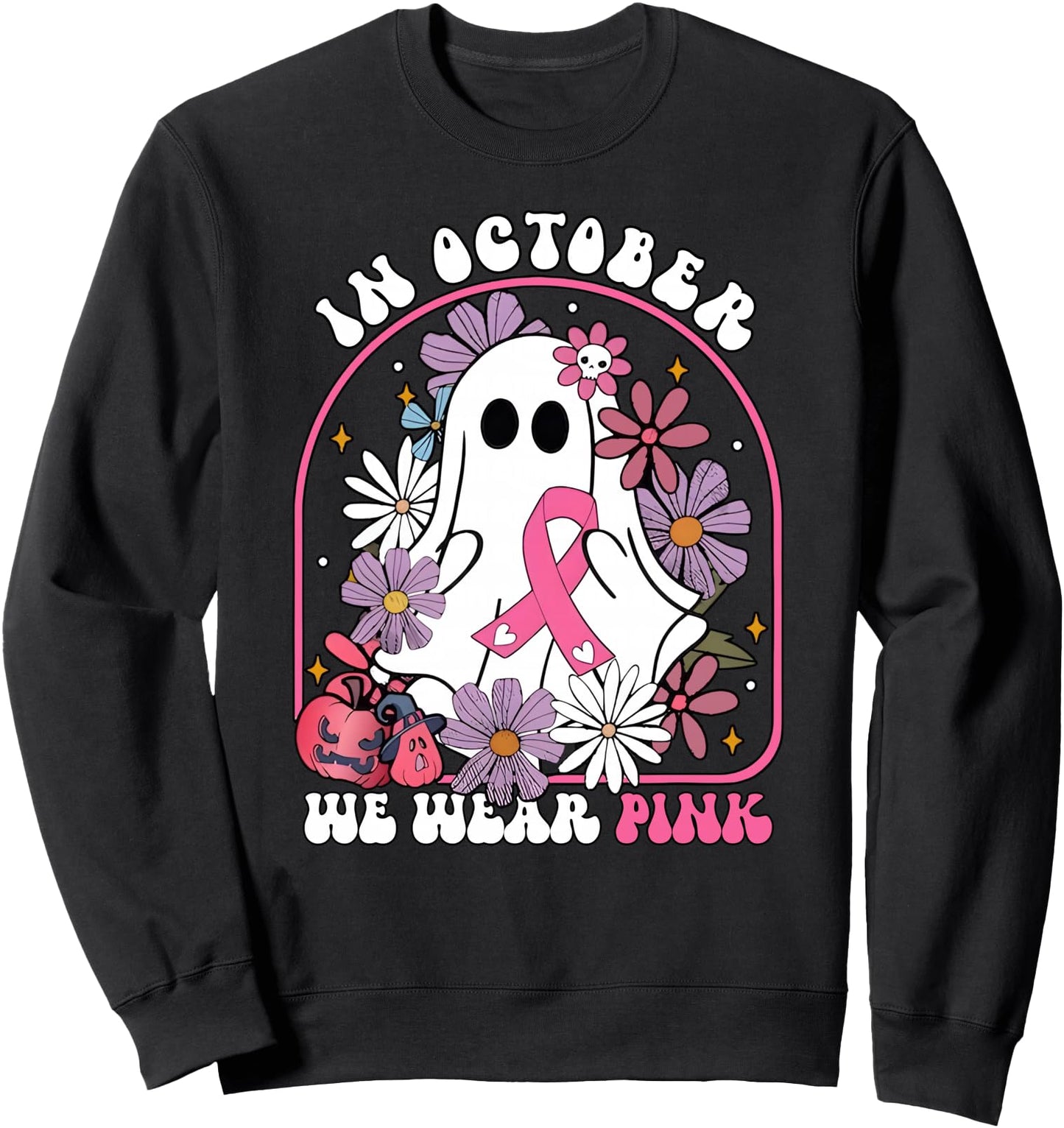 In October We Wear Pink Ghost Floral Breast Cancer Awareness Sweatshirt