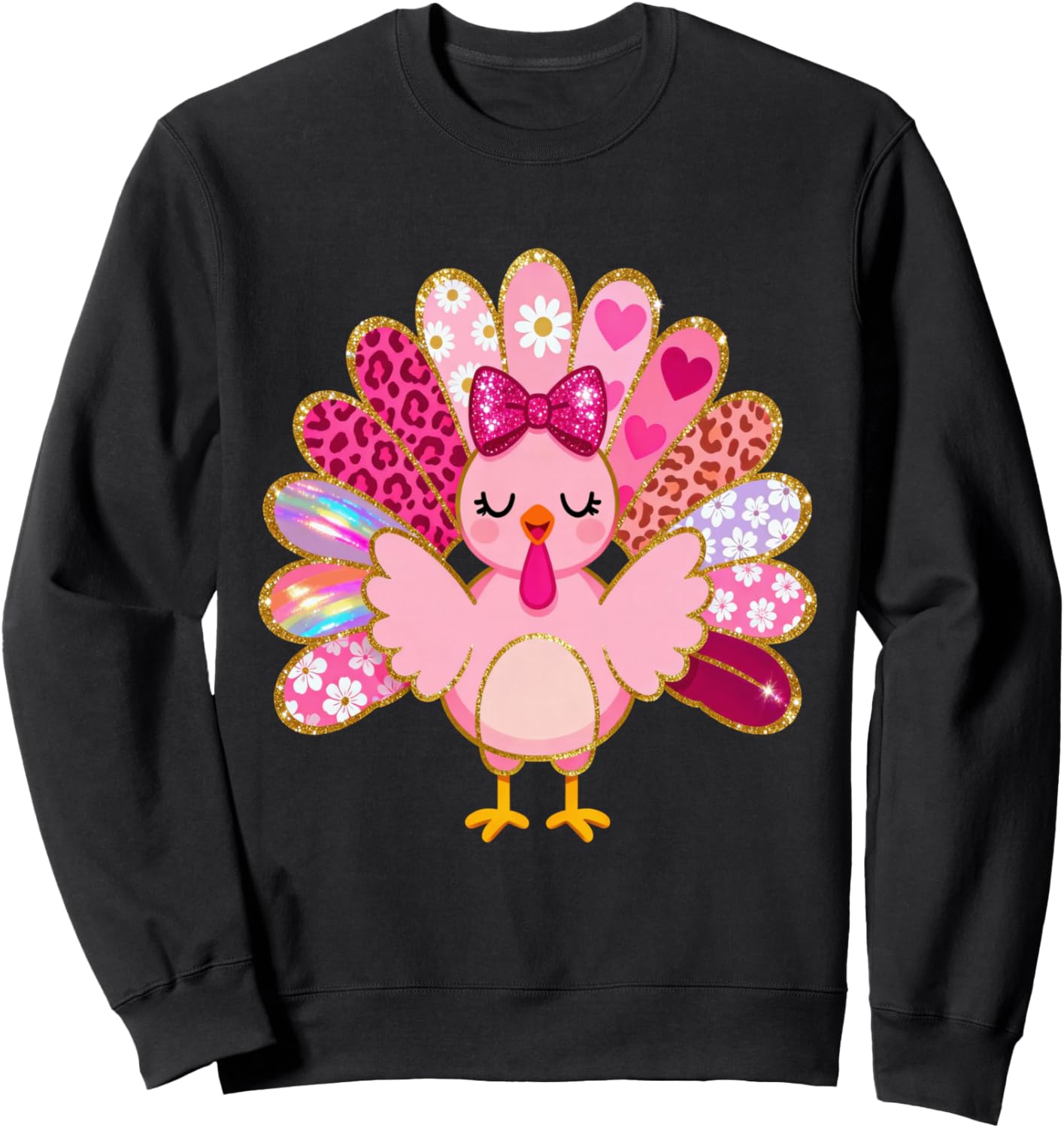 Women Pink Turkey Hearts Leopard Floral Thanksgiving Girls Sweatshirt