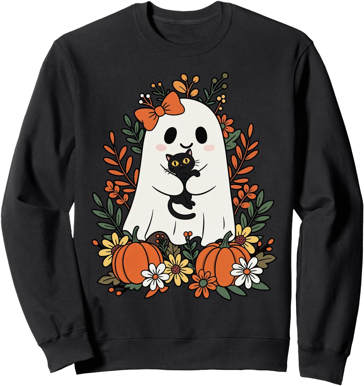 Vintage Cute Ghost with Black Cat and Pumpkins Halloween Sweatshirt