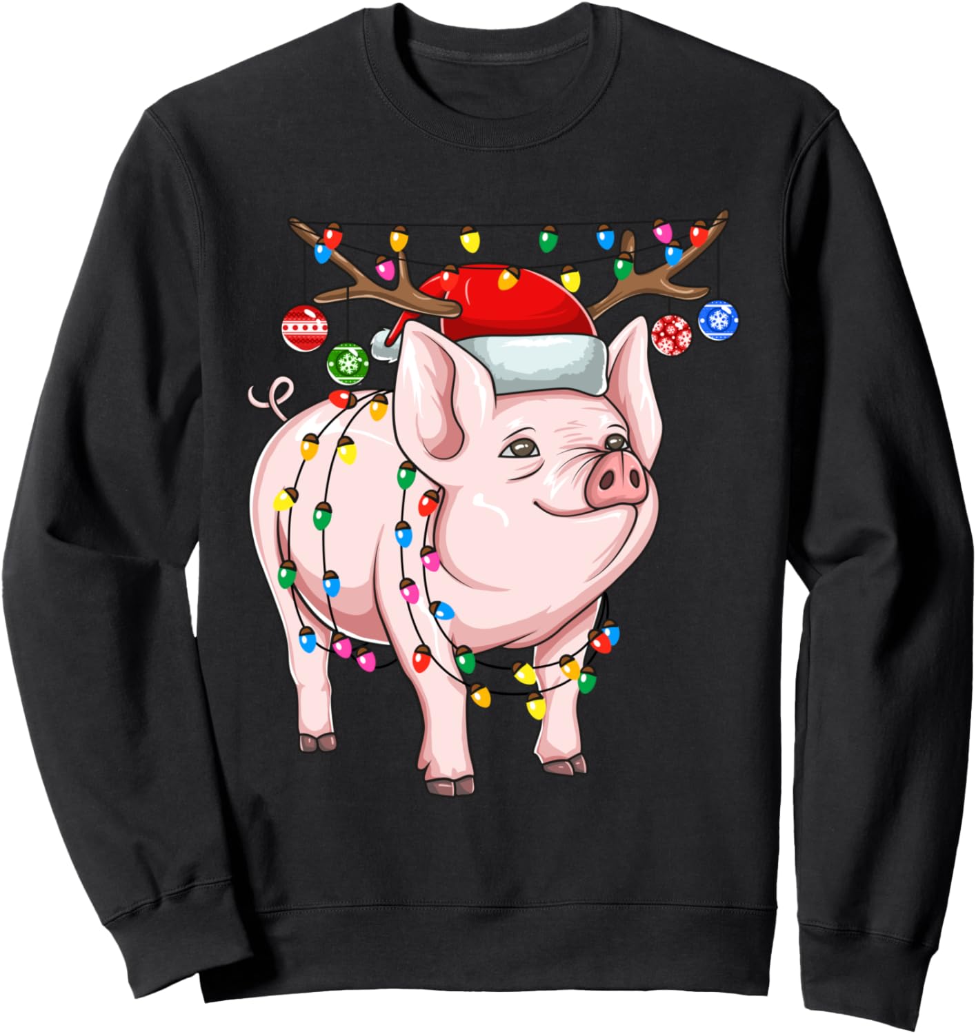 Merry Christmas Animals Co Unisex Adult Christmas-themed Sweatshirt - Black, Small, Long Sleeve, Crew Neck, Pullover, Cartoon Pig Design With Holiday Lights & Ornaments