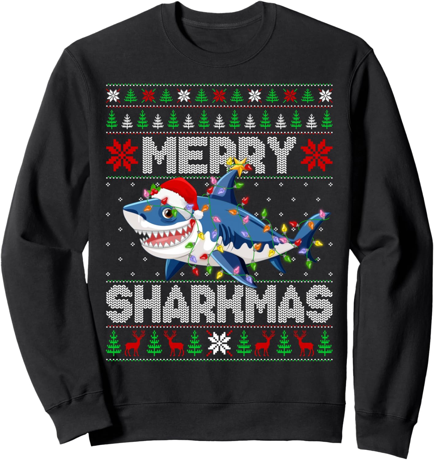 Shark Ugly Christmas Sweater Santa Hat Lights Merry Sharkmas Sweatshirt