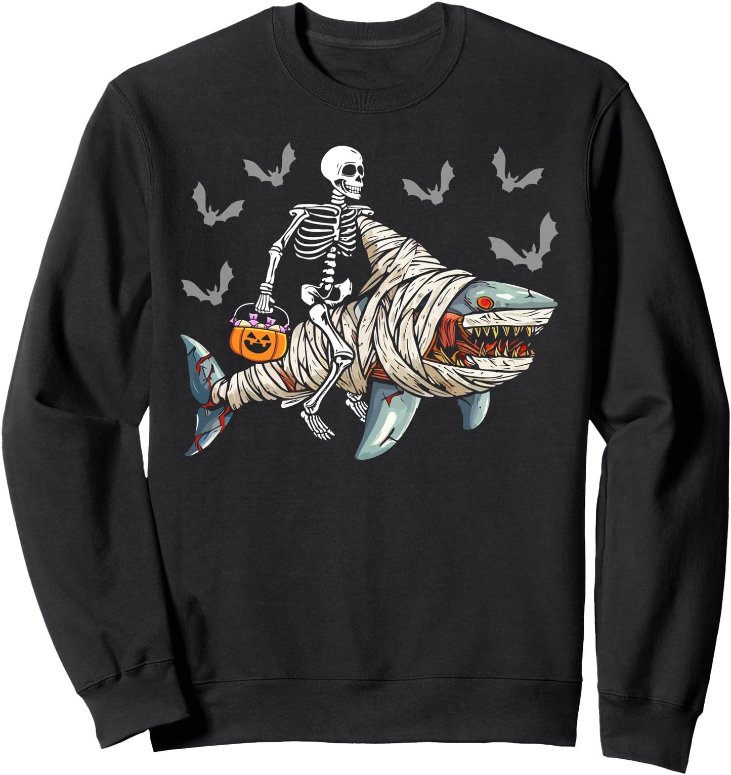 skeleton riding mummy shark funny halloween pumpkin Sweatshirt