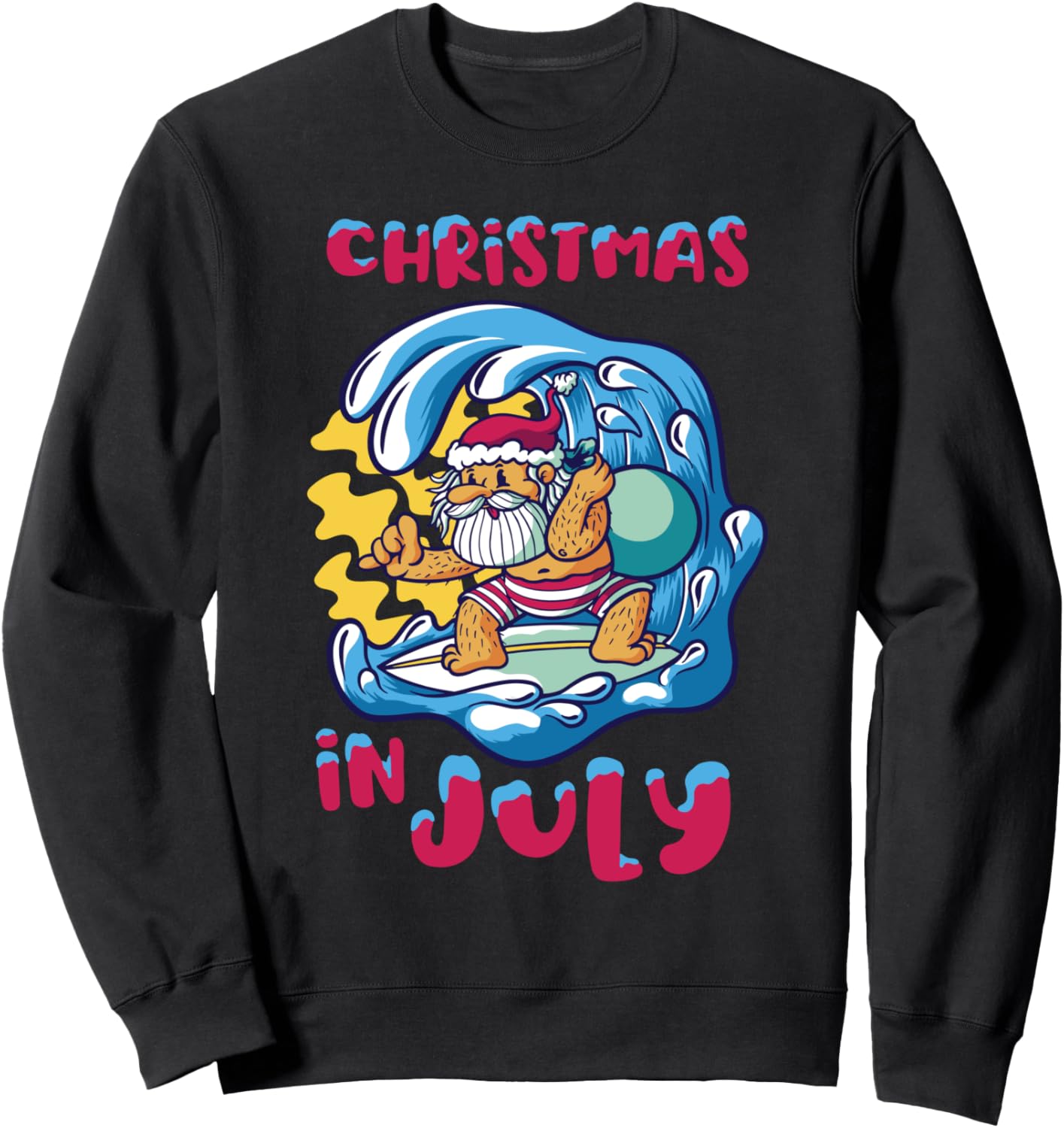 Funny Christmas in July Summer Santa Surfing Surfboard Xmas Sweatshirt