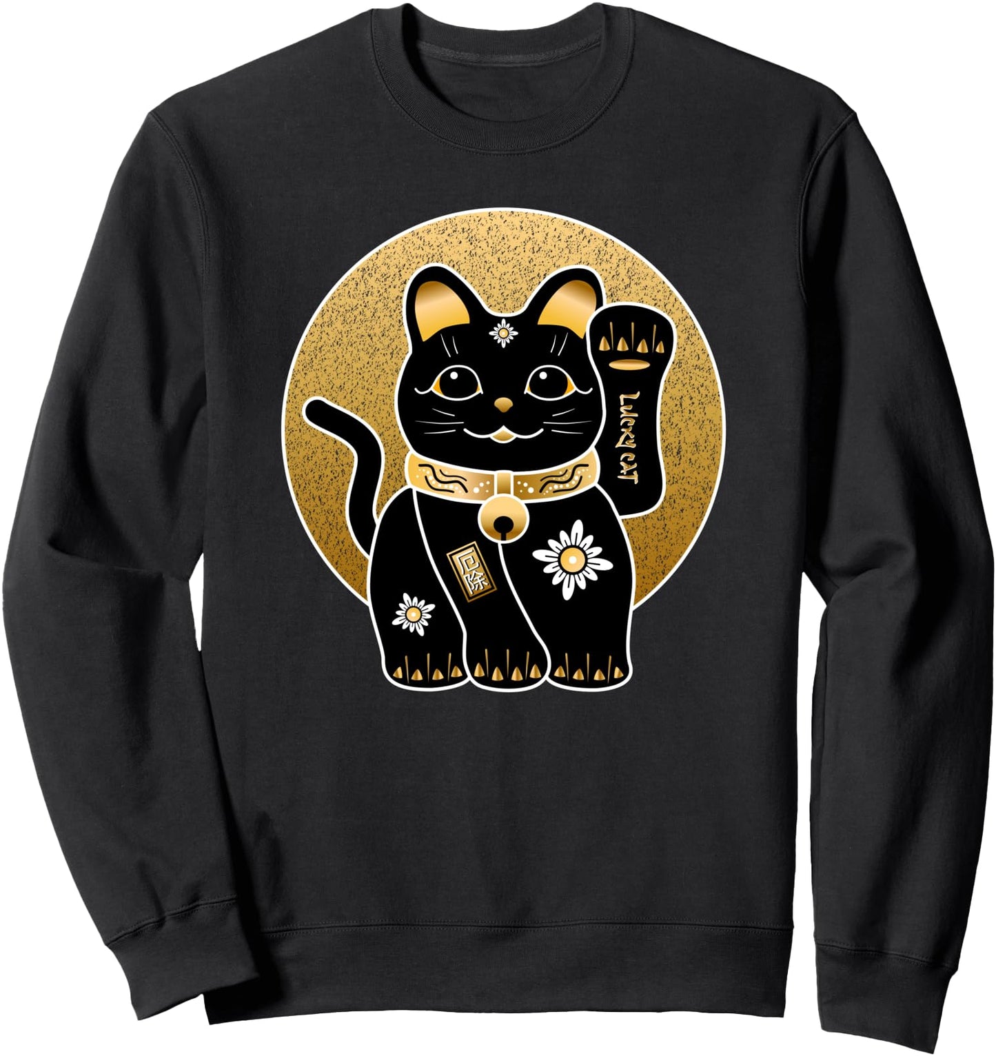Black Floral Cute Lucky Cat Maneki-Neko Japanese Protection Sweatshirt