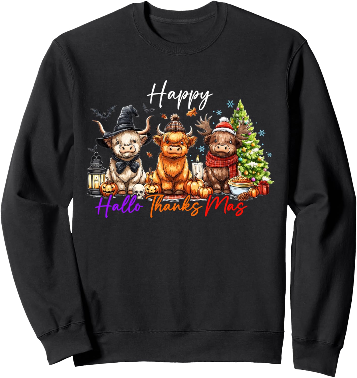 Happy Hallothanksmas Cute Highland Cow Halloween Christmas Sweatshirt