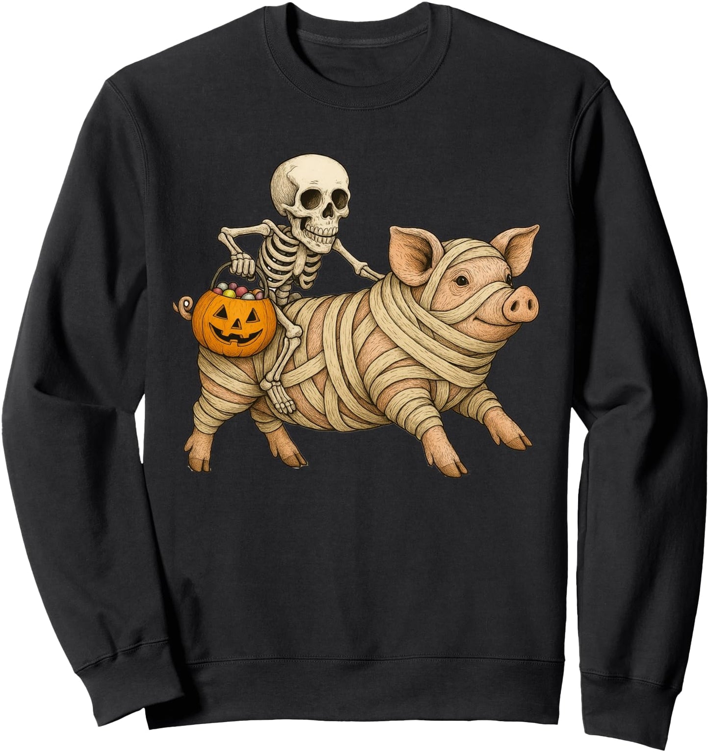Skeleton Riding Mummy Pig Halloween Funny Pumpkin Sweatshirt