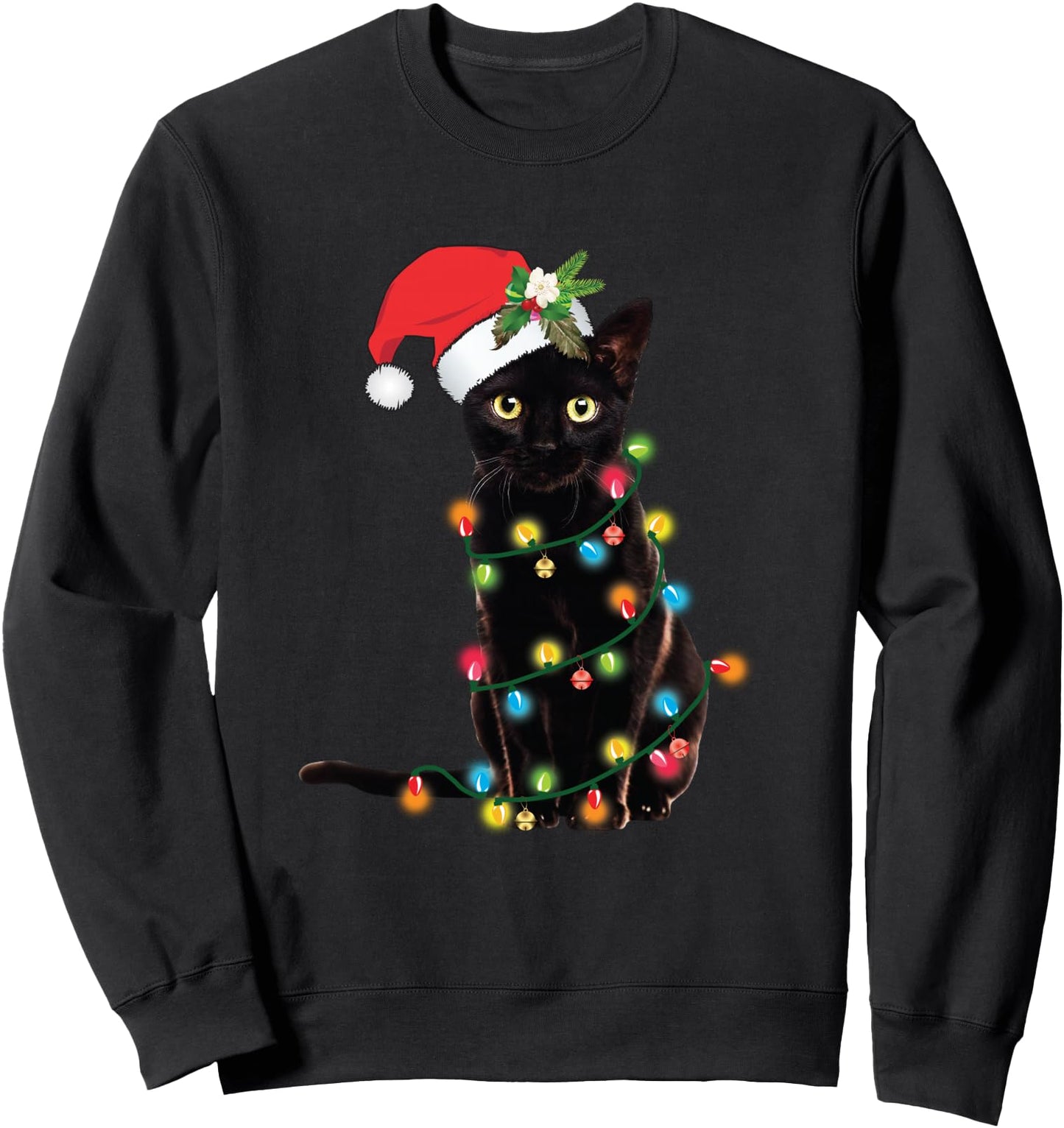 Santa Black Cat Tangled Up In Christmas Tree Lights Holiday Sweatshirt