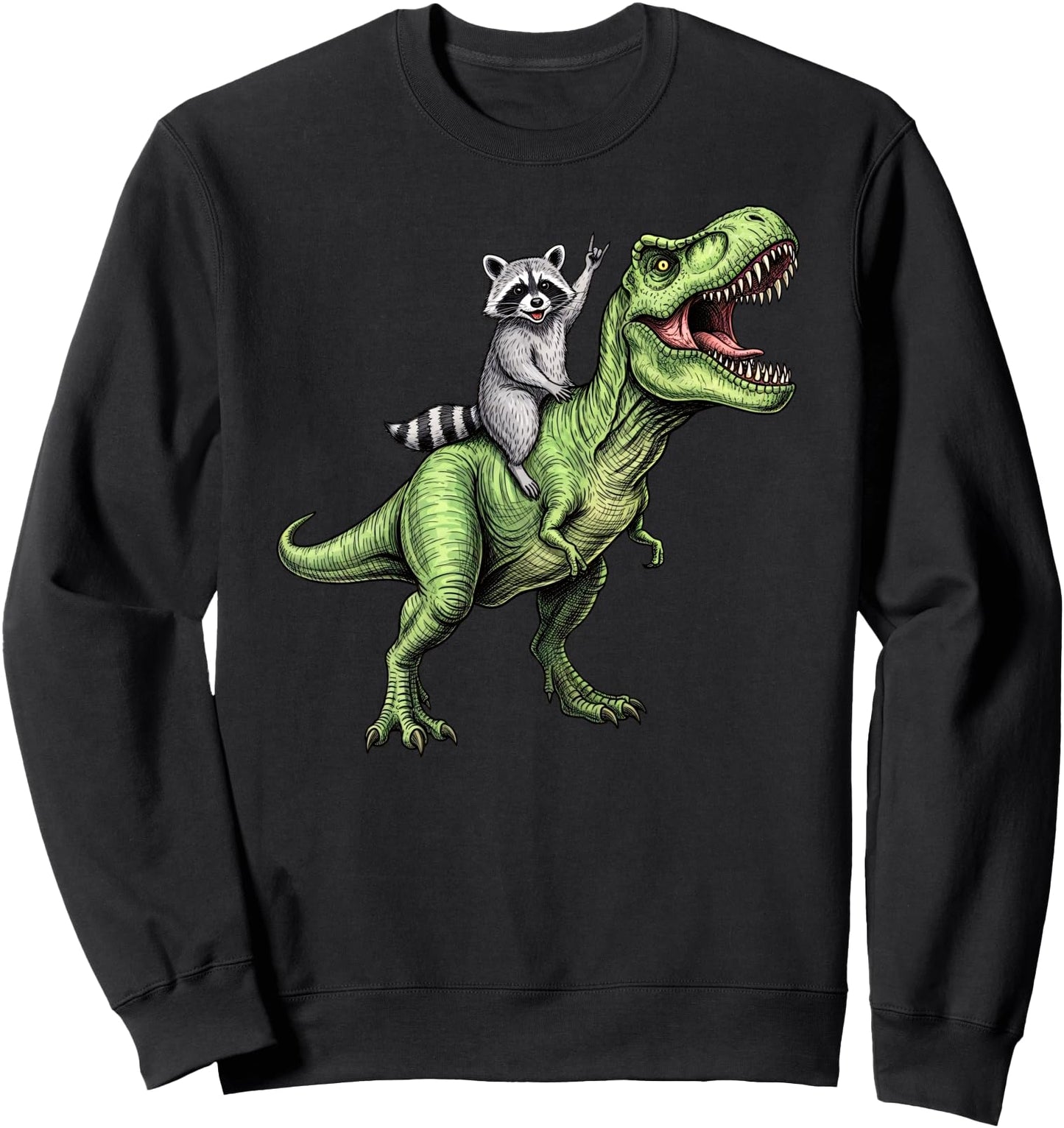 Retro Raccoon Riding Baby T-Rex Dinosaur Rock Music Sweatshirt