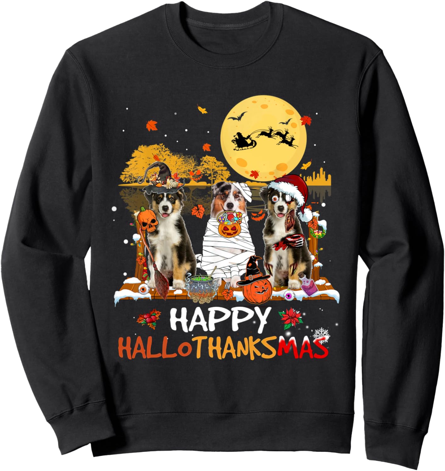 Australian Shepherd Happy Hallothanksmas Halloween Sweatshirt