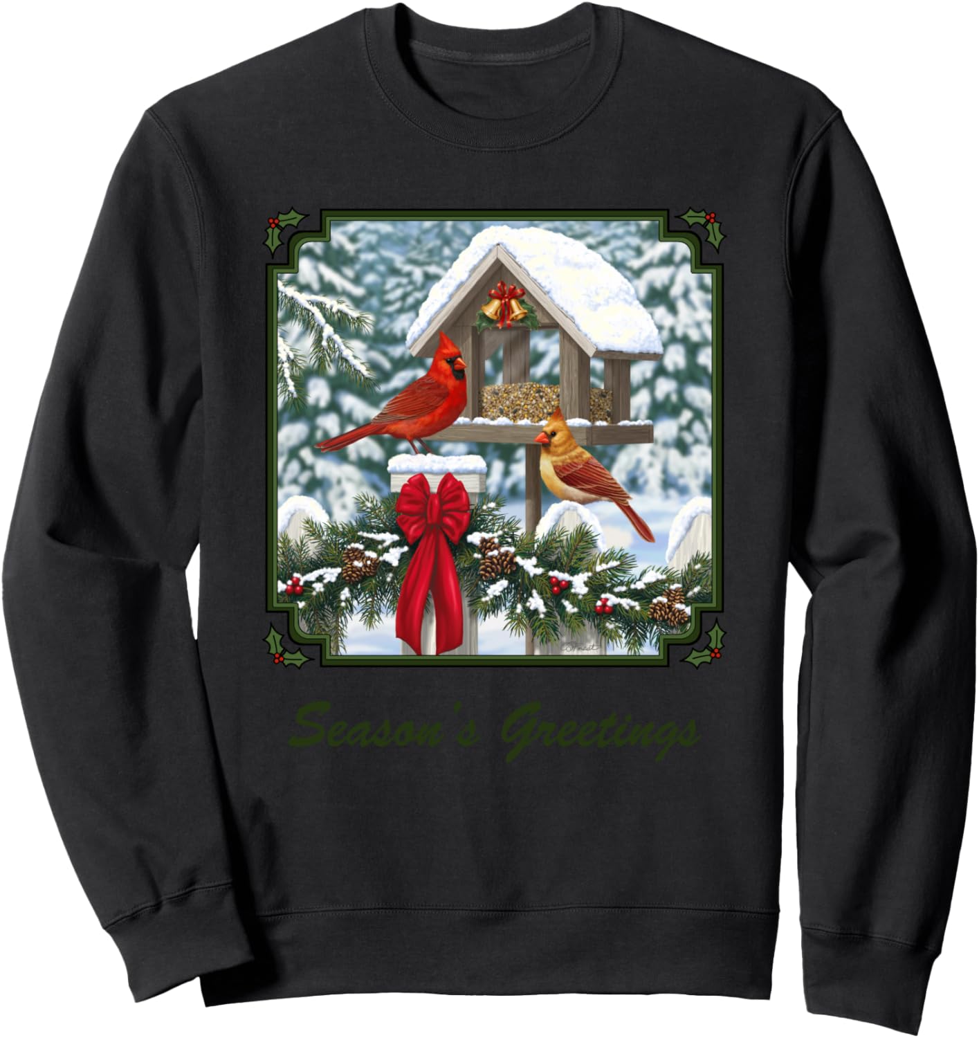 Cardinals Bird Feeder & Christmas Garland Season's Greetings Sweatshirt