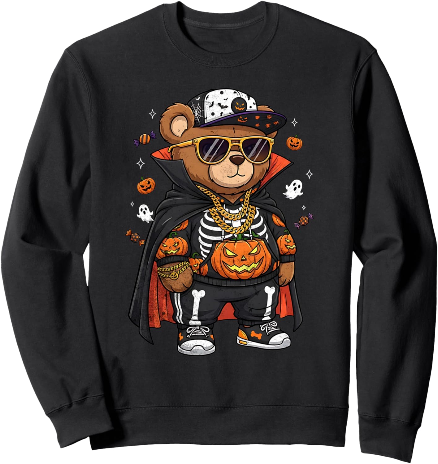 Cute Hip-Hop Teddy Bear Halloween Pumpkin Design Graphic Sweatshirt