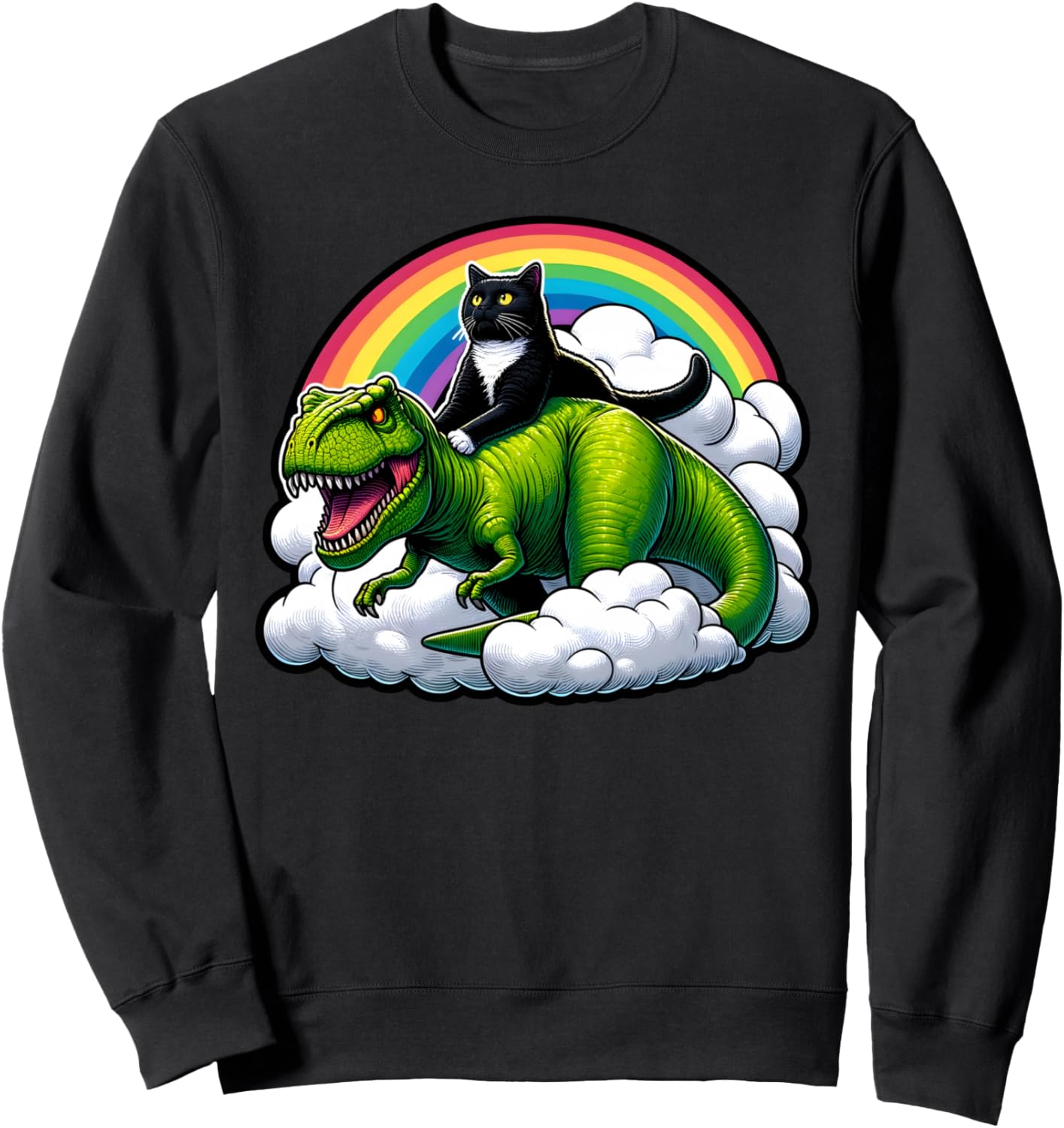 Black Cat Riding Dinosaur T Rex Rainbow Clouds Funny Sweatshirt
