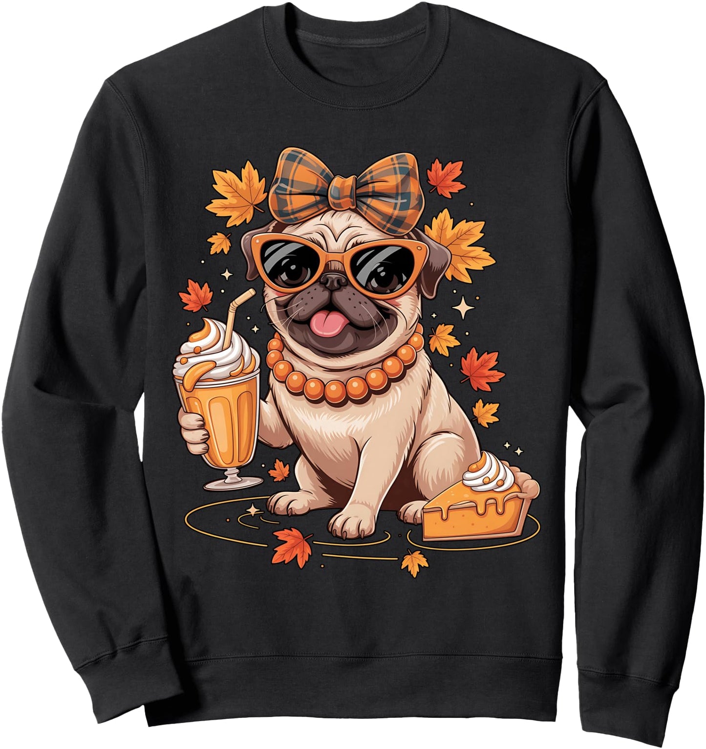 Pug Bow Girls Women Fall Autumn Leaves Thanksgiving Sweatshirt