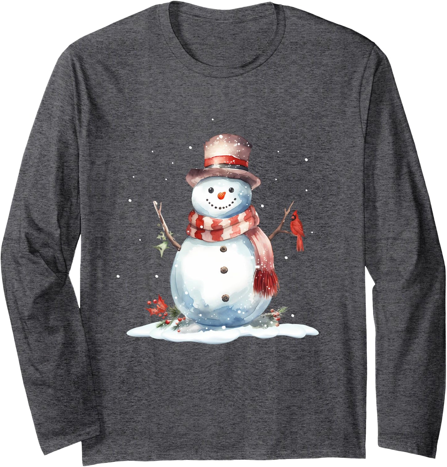Cardinal Bird on Cute Winter Christmas Snowman, watercolor Long Sleeve