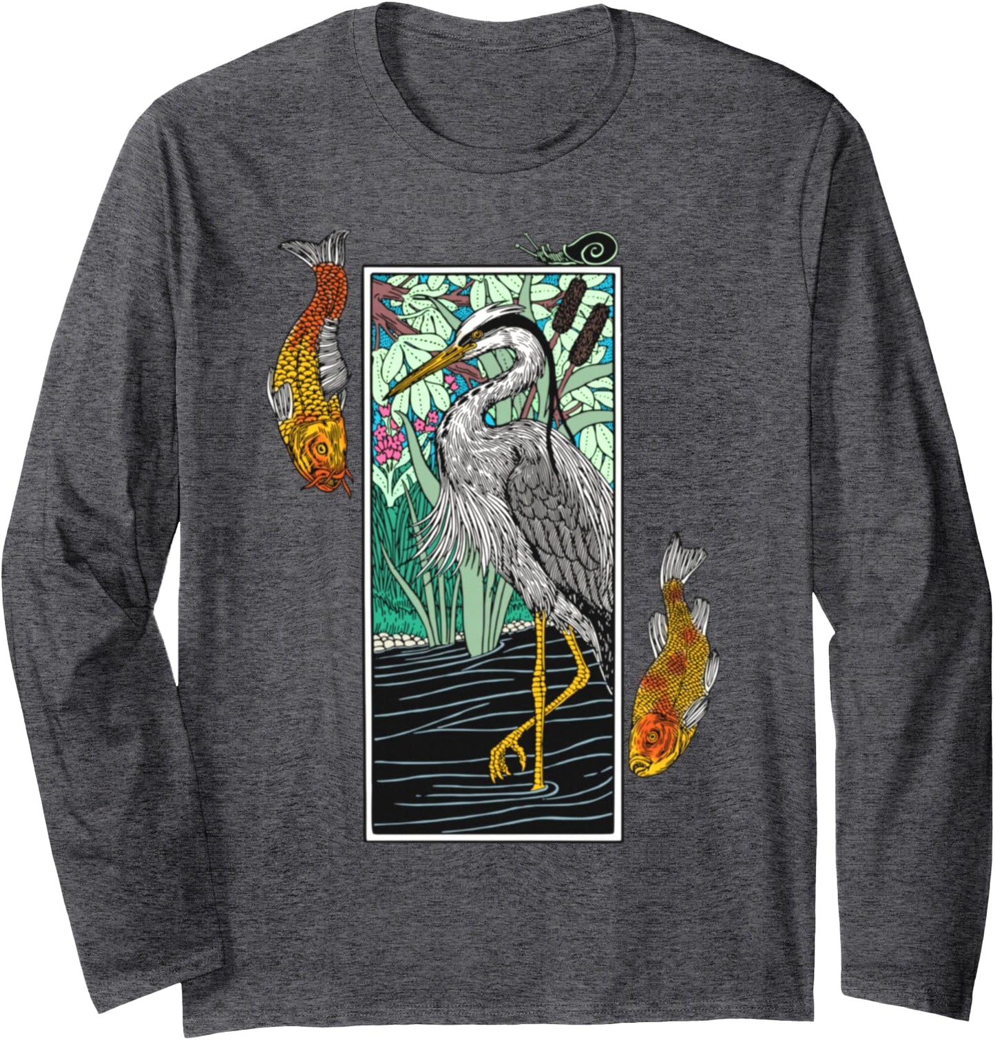 Japanese Grey Heron Ao-sagi Nishikigoi Koi Carp Fish Long Sleeve