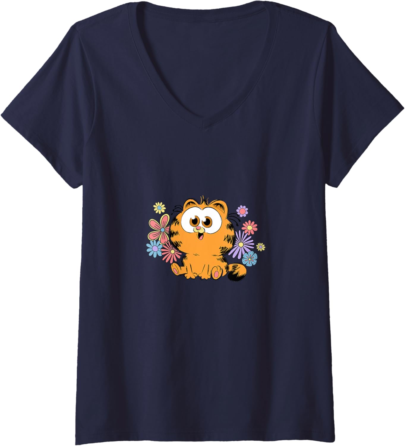 Womens Garfield Too Cute To Care Chibi Floral Front & Back V-Neck