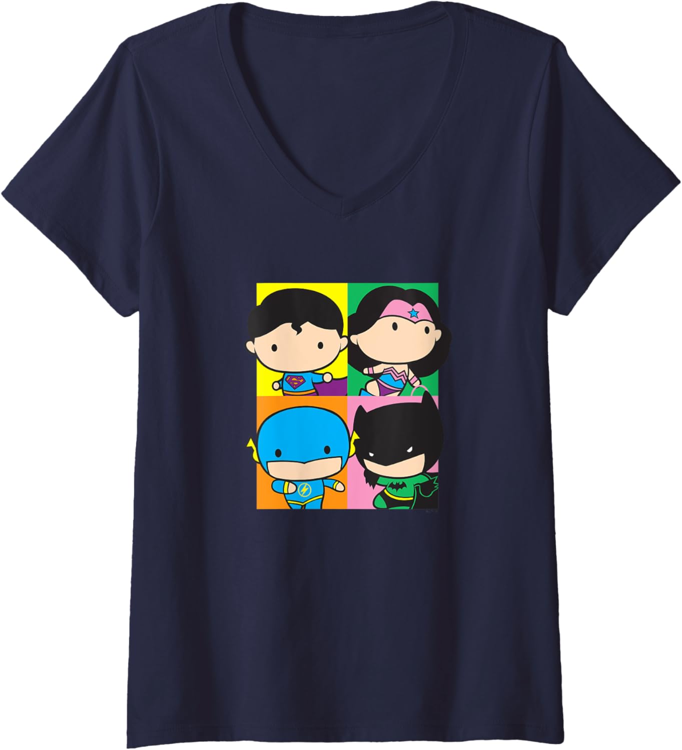 Womens DC Comics Justice League Superhero Chibi Group Box Ups V-Neck