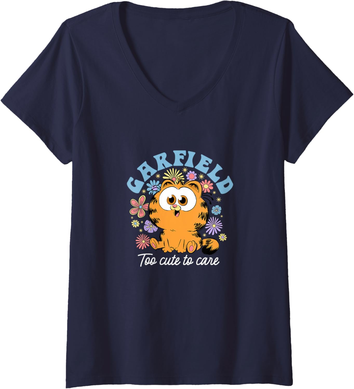 Womens Garfield Chibi Floral Too Cute to Care in White Text V-Neck