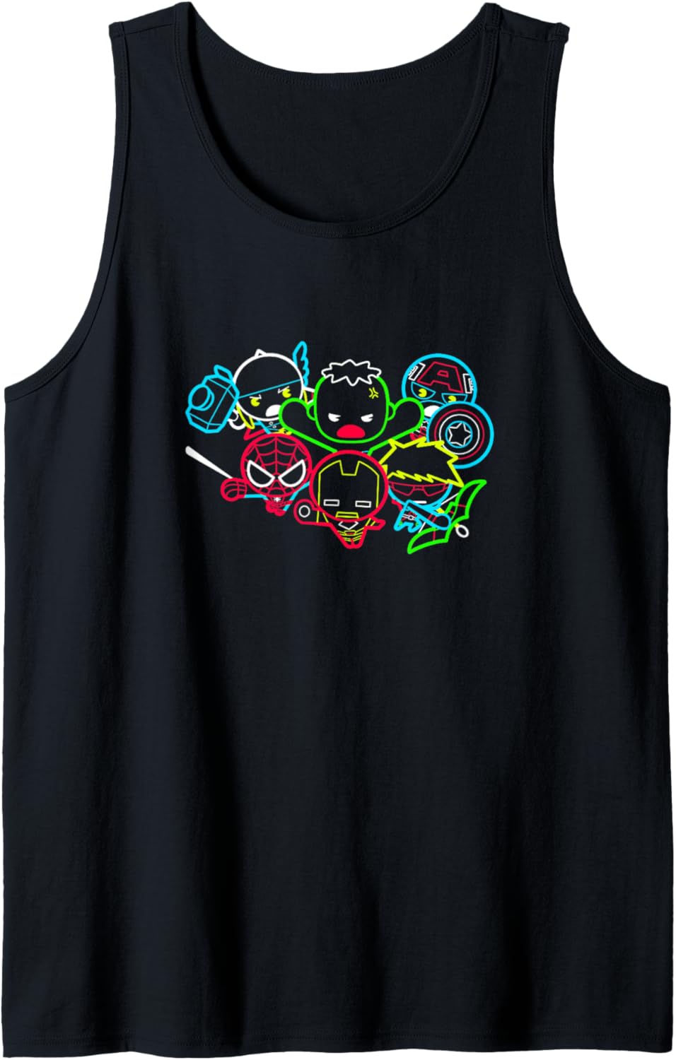 Marvel Kawaii Chibi Avengers Neon Outlines Group Shot Tank Top