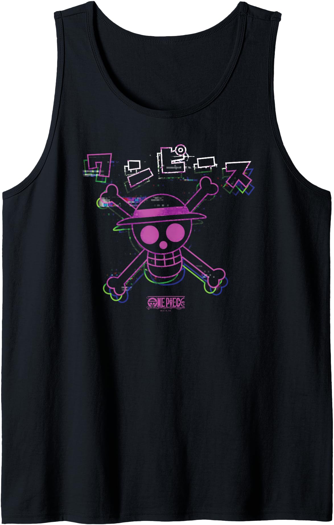 One Piece Anime Colorful Straw Hat Glitch with Kanji Tank Top
