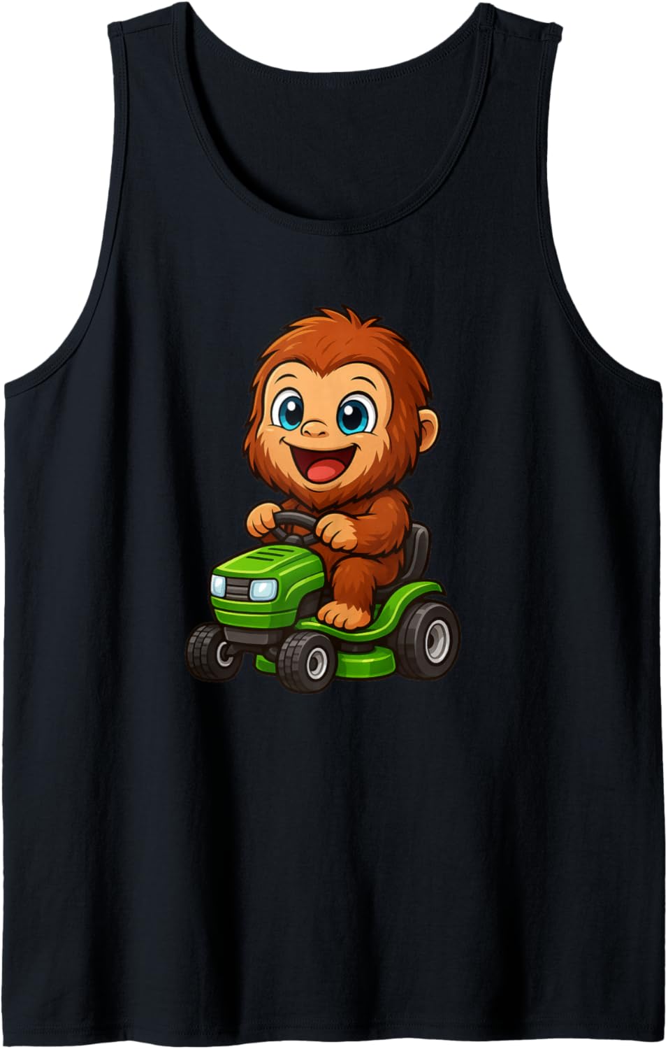 Cute Bigfoot Mowing Lawn Cartoon Chibi Design Tank Top
