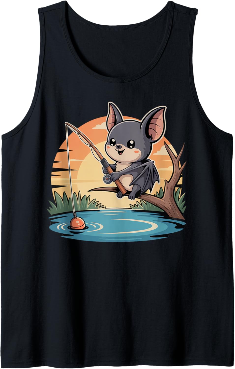 Cute Chibi Bat Fishing Design Tank Top