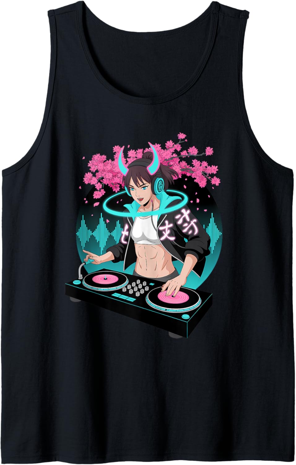 Anime DJ Girl \u2013 Buff Waifu with Horns & Cherry Blossom Rave Tank Top