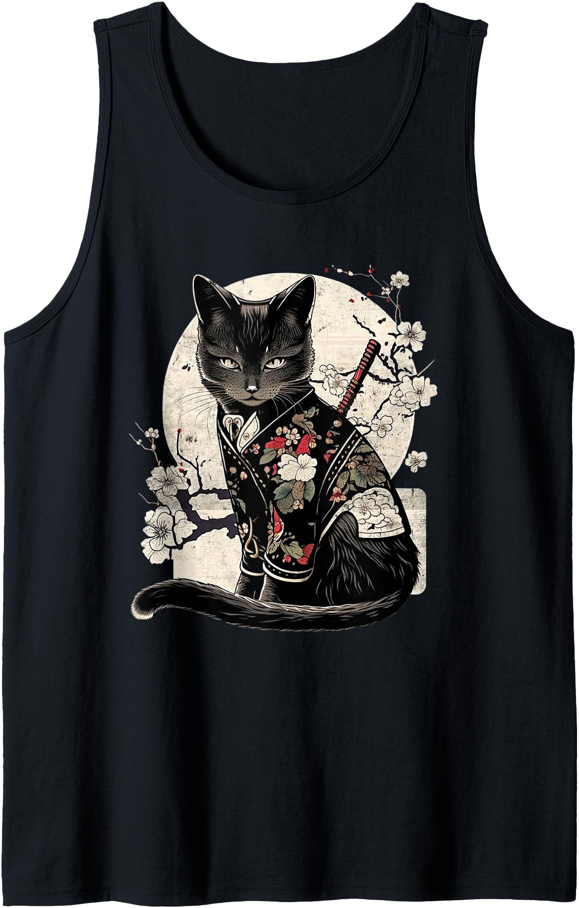 Retro Japanese Samurai Ninja Cat Kawaii Tattoo Graphic Tank Top
