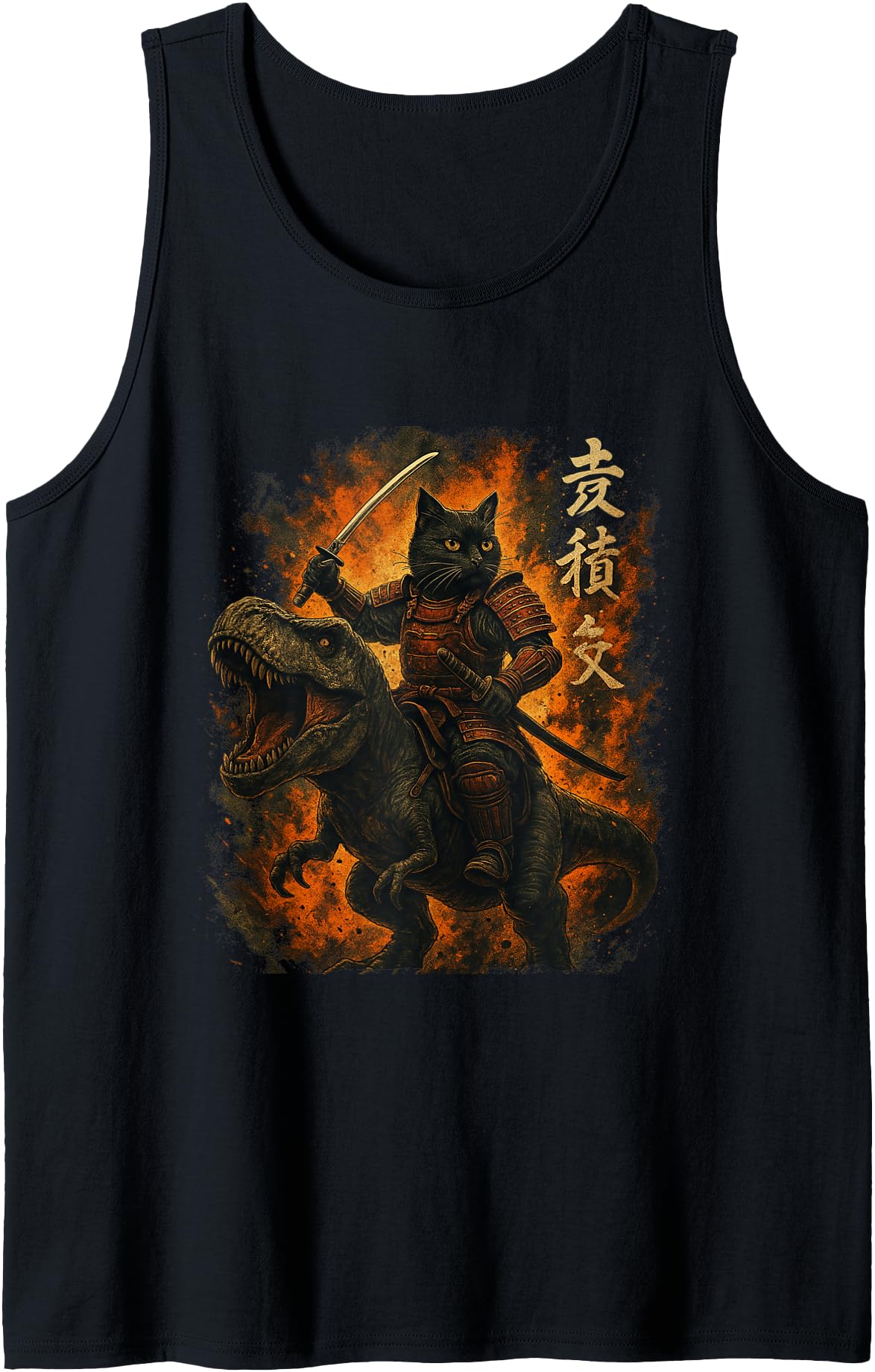 Samurai Cat Riding Dinosaur Japanese Black Cat Kanji Tank Top