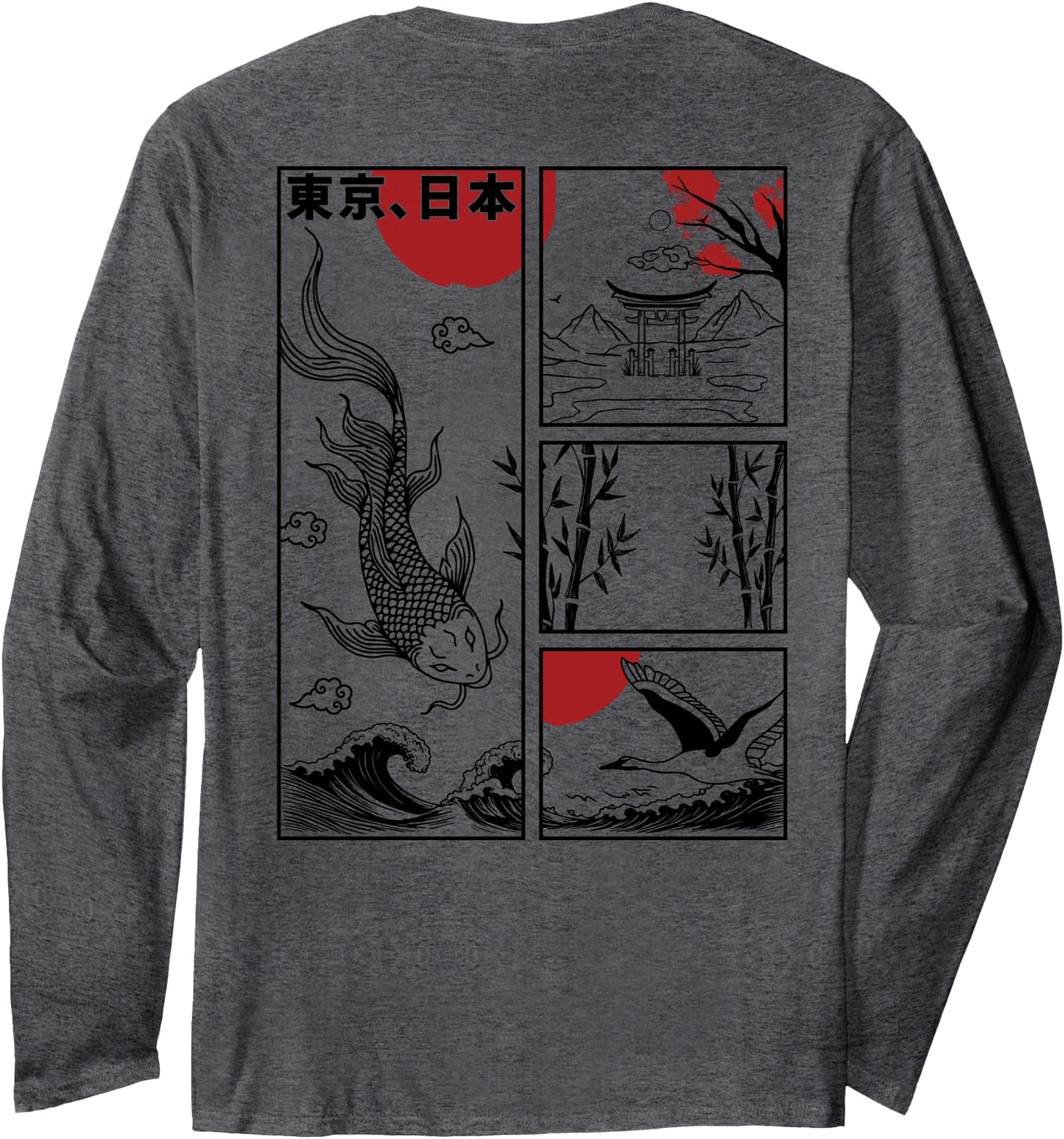 Japanese Koi Fish The Great Wave off Kanagawa Kanji (BACK) Long Sleeve