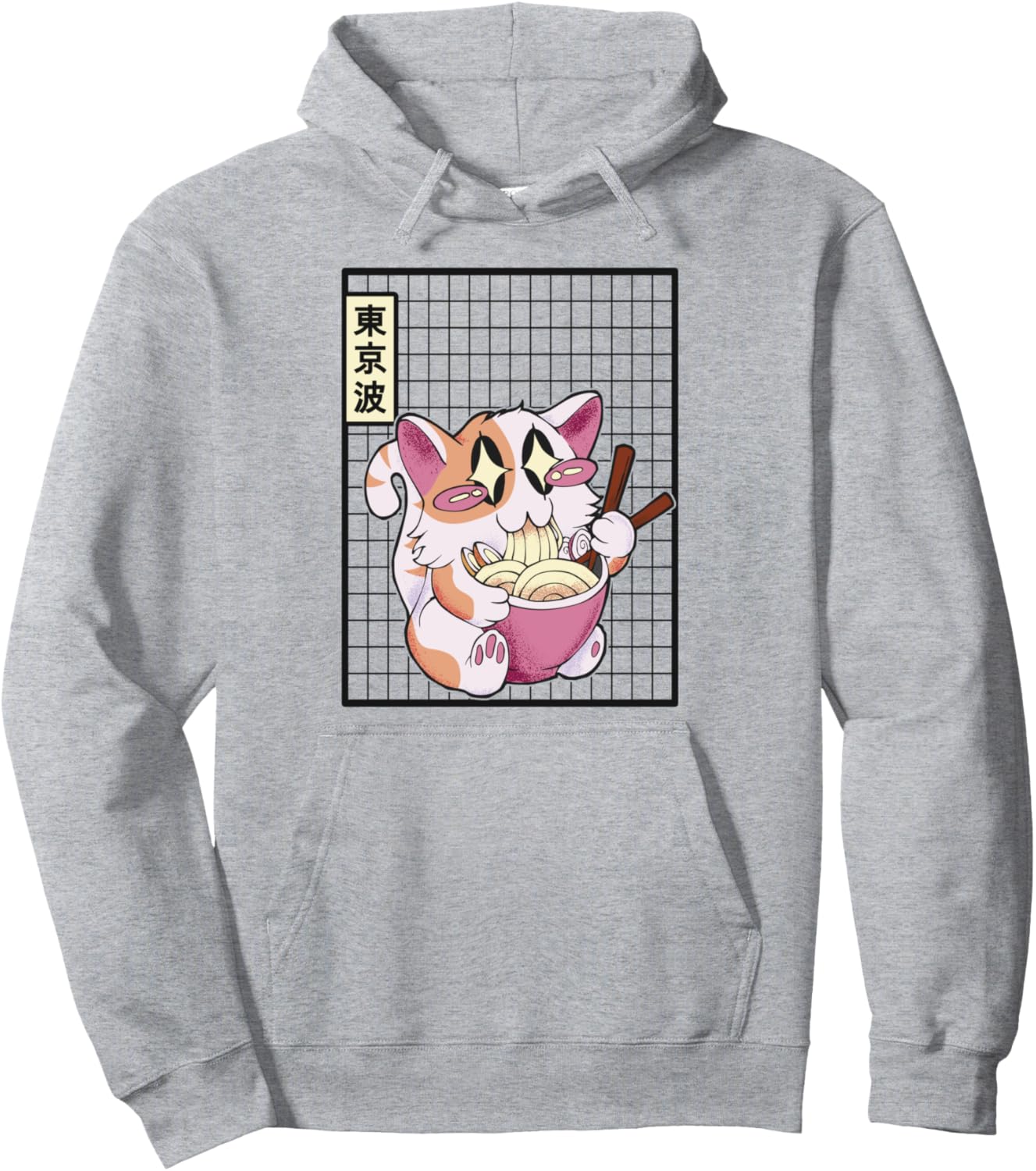 Kawaii Cat Eating Ramen Noodles Japanese Grid Teen Anime Pullover Hoodie