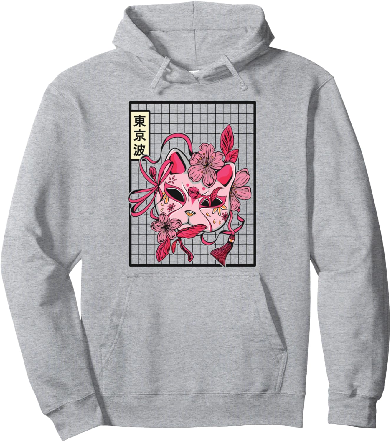 Japanese Mask Cat Cherry Blossom Japan Aesthetic Grid Anime Pullover Hoodie