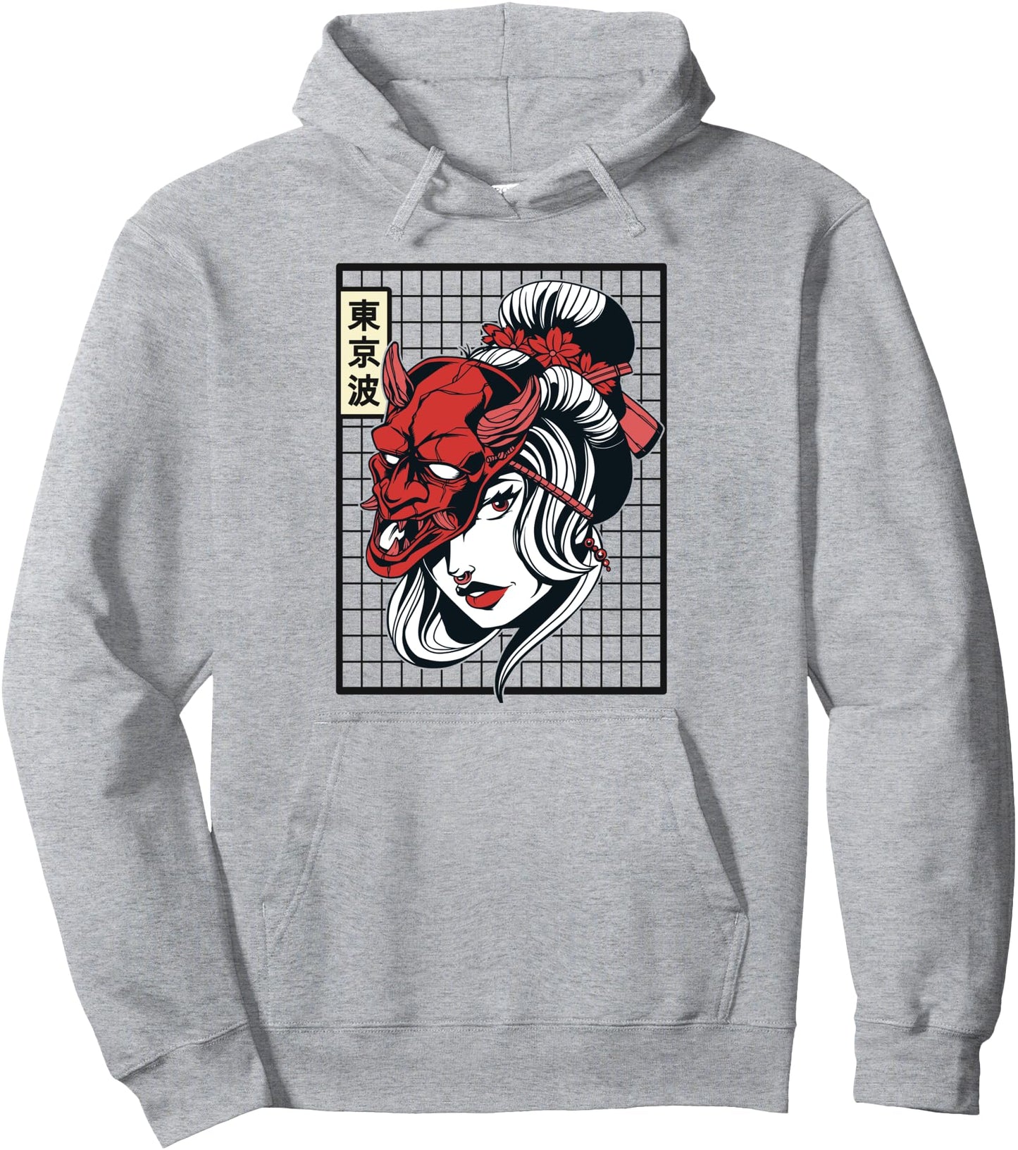 Japanese Demon Mask Oni Woman Japan Art Aesthetic Grid Anime Pullover Hoodie