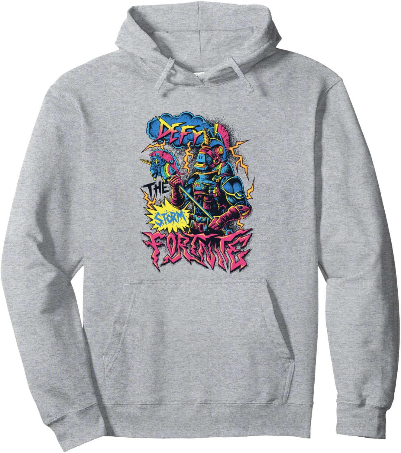Fortnite Defy The Storm Colorful Distressed Big Chest Poster Pullover Hoodie