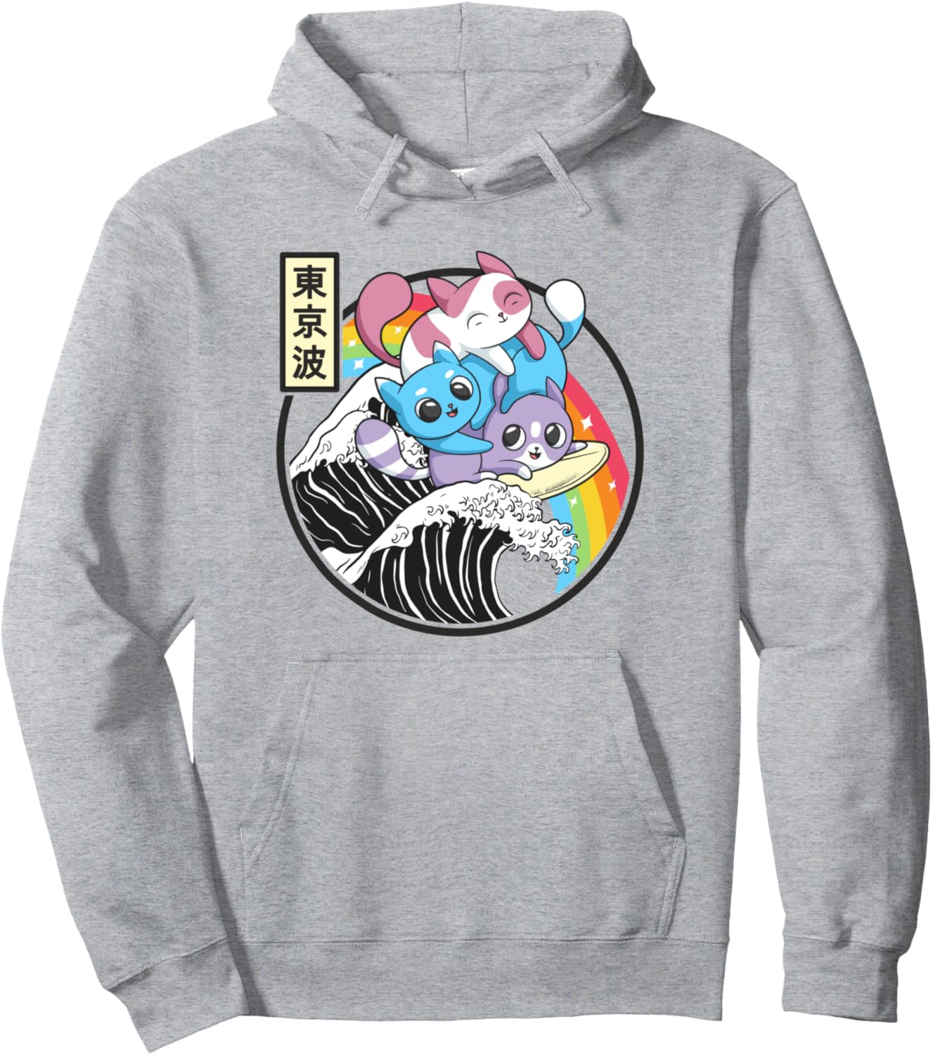Playing Cats Surfing Kanagawa Wave Kawaii Anime Vaporwave Pullover Hoodie