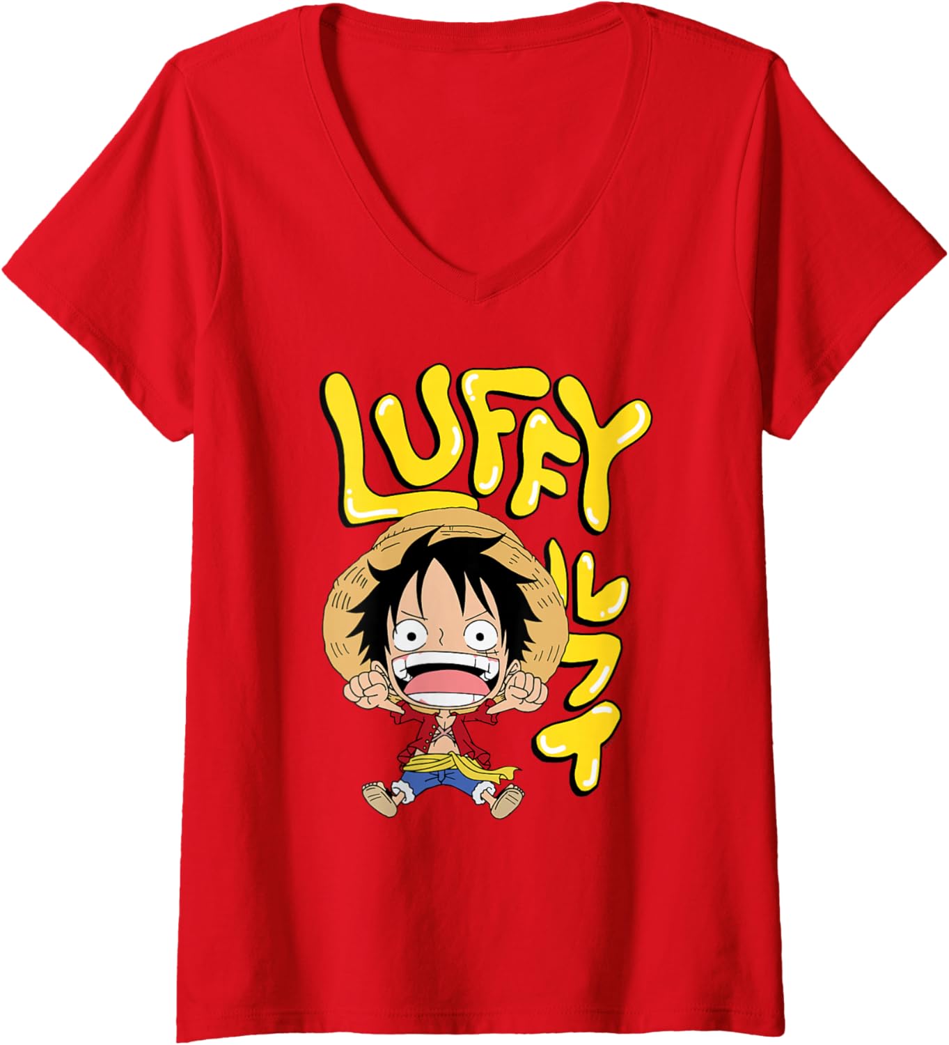 Womens One Piece Anime Luffy Chibi with Bubble Letters V-Neck