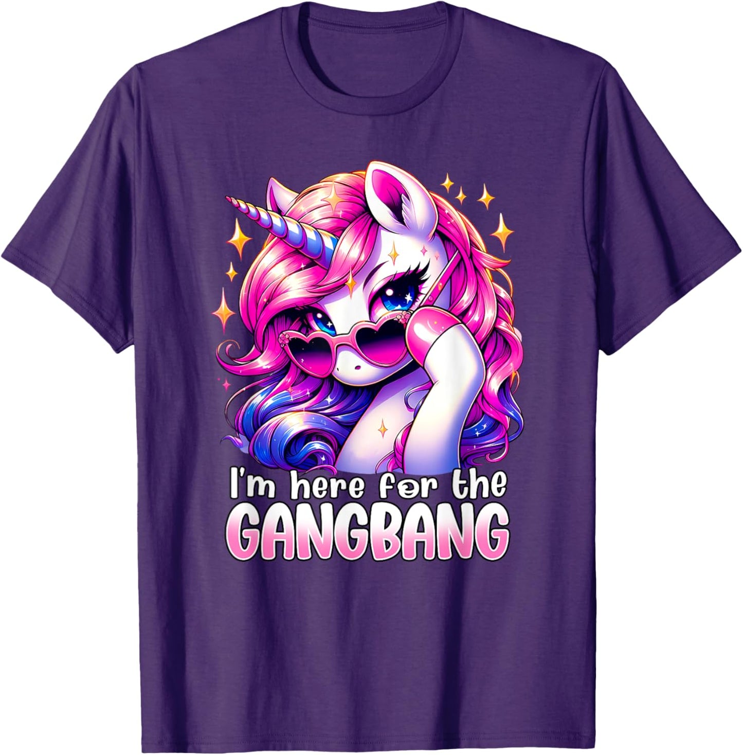 Embarrassing crude humor adult raunchy gag gift I'M HERE FOR THE GANGBANG Funny Inappropriate Sex Humor Joke Unisex-Adults Purple Small Cotton 65% Polyester 35% Short Sleeve