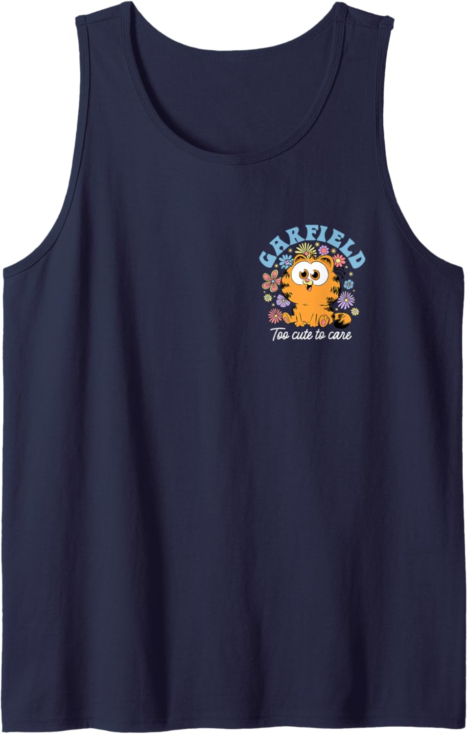 Garfield Chibi Floral Too Cute to Care in White Left Chest Tank Top