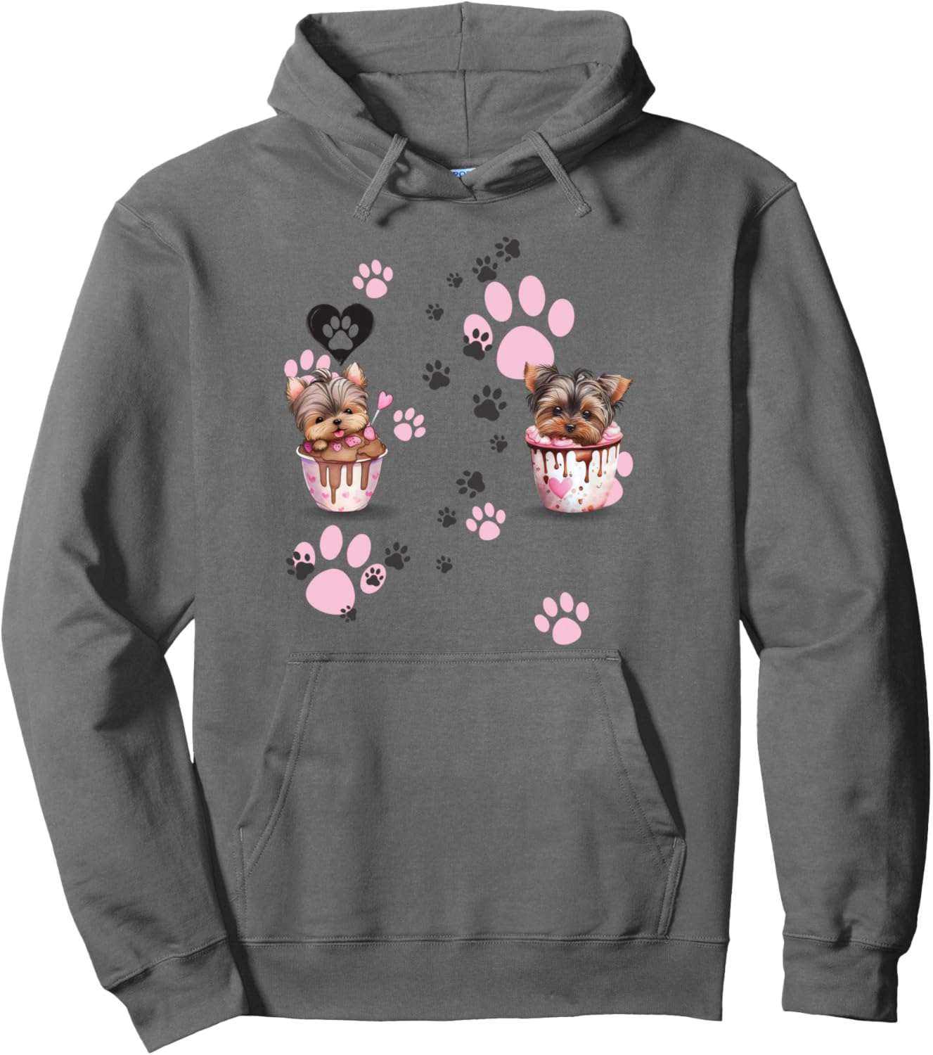 Cute Sweet Yorkie Puppy Cupcakes & Paws Print Pupthentic Pullover Hoodie