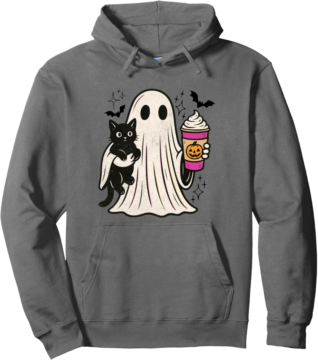 Pumpkin Spice Latte Ghost Holding Black Cat Halloween Pullover Hoodie
