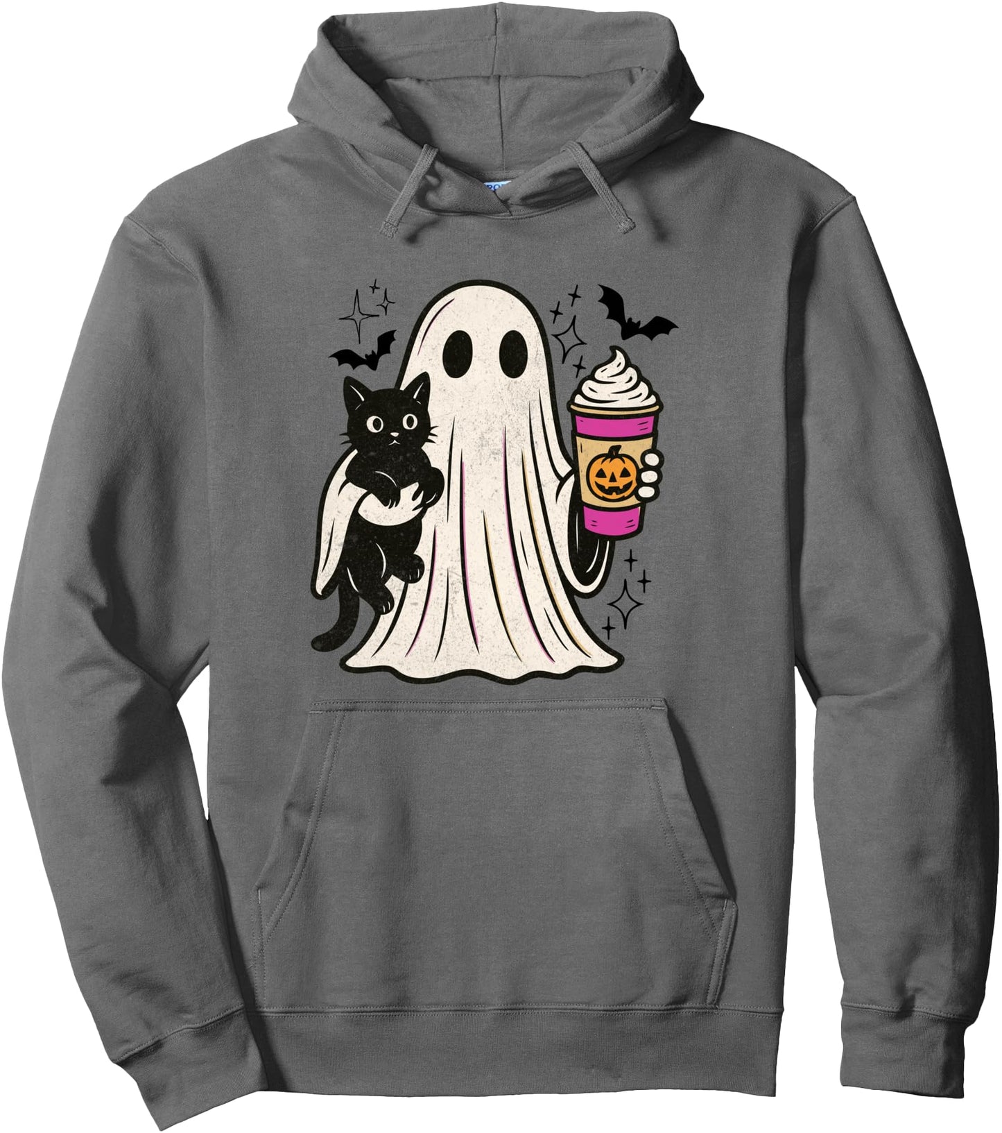 Pumpkin Spice Latte Ghost Holding Black Cat Halloween Pullover Hoodie