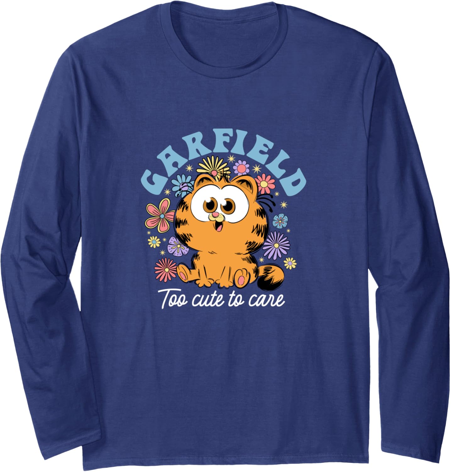 Garfield Chibi Floral Too Cute to Care in White Text Long Sleeve