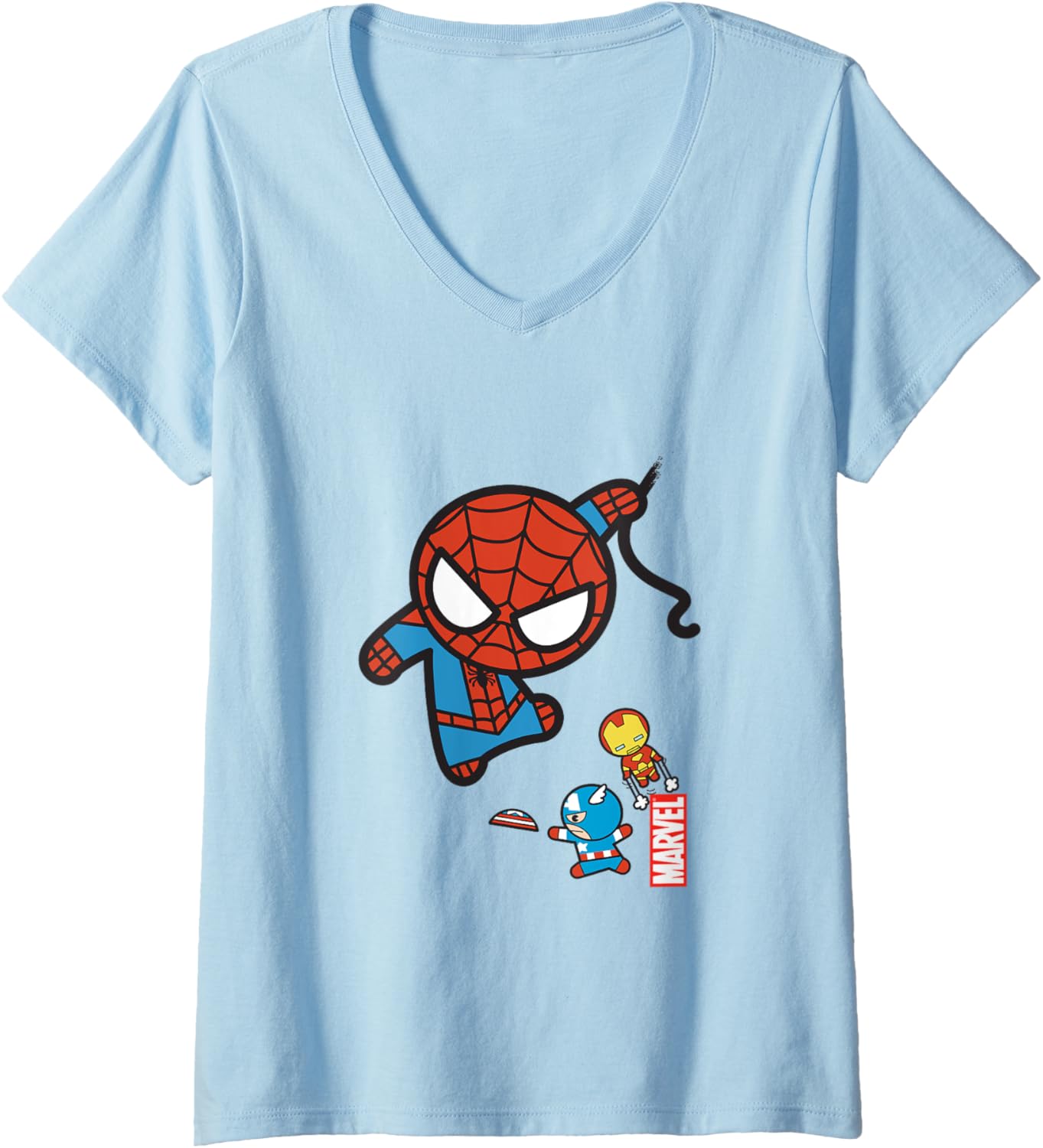Marvel Kawaii Spidey Iron Man & Cap In Action Chibi Shot V-Neck