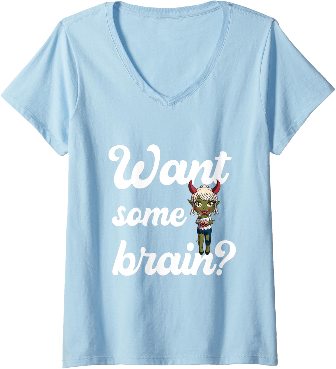 Womens Halloween Want Some Brain, Dirty Joke, Funny, Chibi Zombie V-Neck